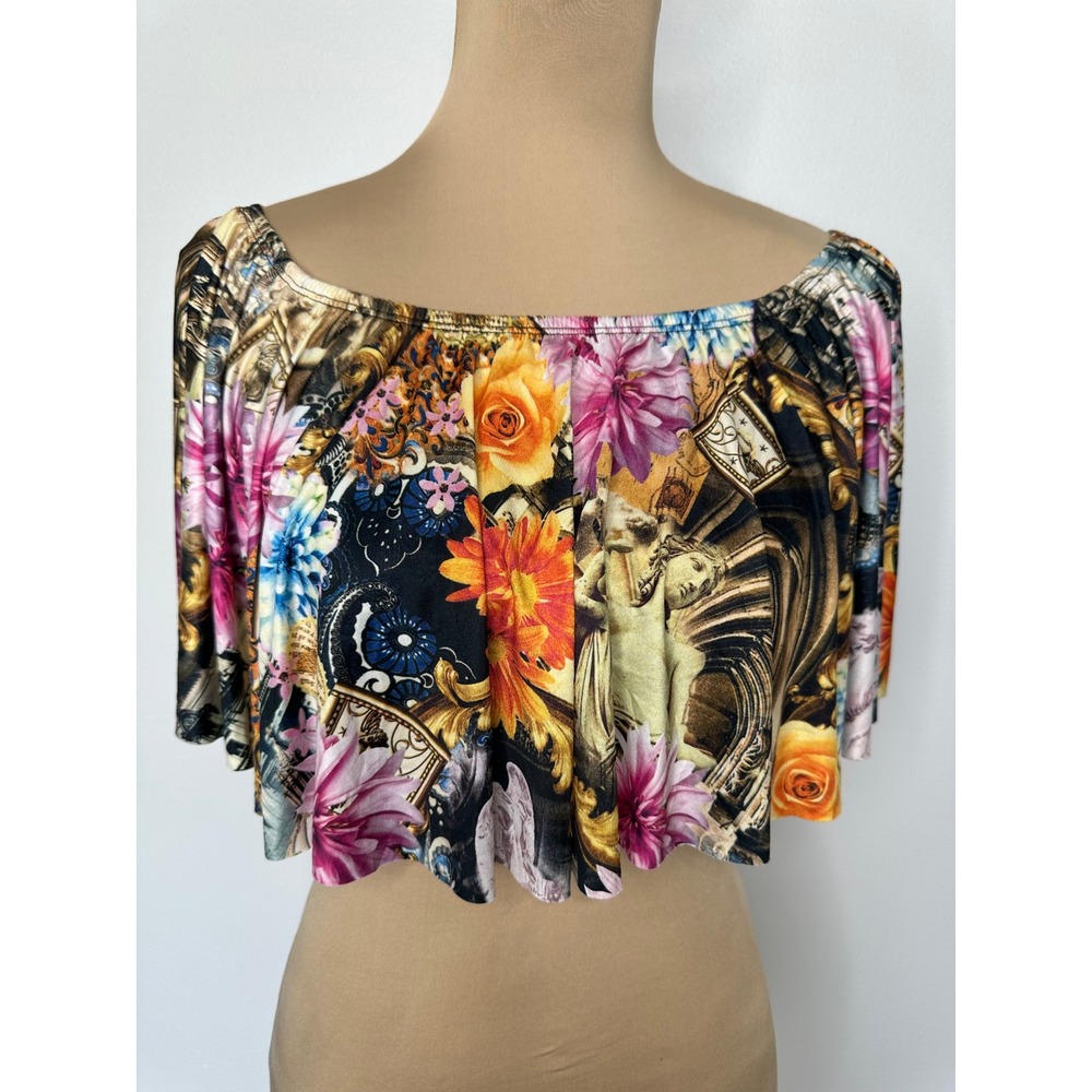 Venus Off The Shoulder Crop‎ Top Size M Floral Statue Print Ruffle Festival Boho